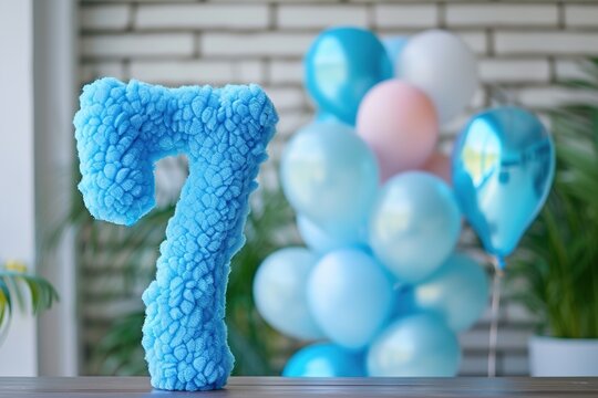Blue and fluffy number seven with blurred balloons on the background. Playful symbol 7. Invitation for seventh birthday celebration. Children, kids party. Greeting card design.
