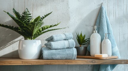 Spa Essentials with Fresh Towels and Green Plant on Shelf