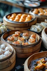 Traditional Asian Dumplings in Bamboo Steamers at Market Stall