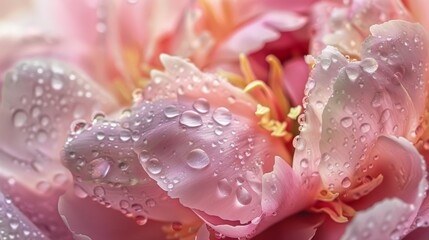 Water droplets gathering on the petals of a pink peony, enhancing its soft, romantic allure
