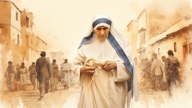 The painting of St. Teresa of Calcutta Serving Poor in Streets of Calcutta, Beige Background, Copyspace,Christian banner