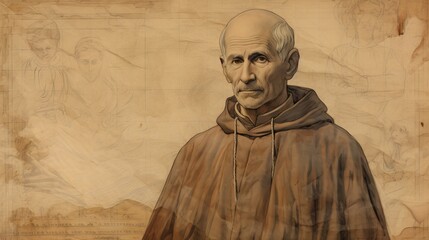 Fototapeta premium The painting of St. Theodore Guerin Founding School in 19th-Century Indiana, Beige Background, Copyspace,Christian banner