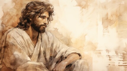 Naklejka premium The painting of St. Thomas the Apostle in Moment of Doubt with Ancient India Background, Beige Background, Copyspace,Christian banner