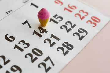 Calendar and small ice cream near date 14, end of the week award, date day, calendar holiday, ice...