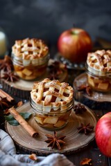 Rustic Homemade Apple Pie Jars on Wooden Table. Mini Mason Jar Apple Pies