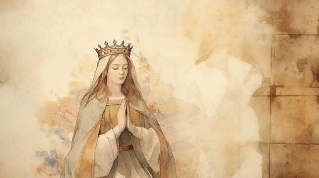 The painting of St. Ursula in Prayer in 4th-Century German Village, Beige Background, Copyspace,Christian banner