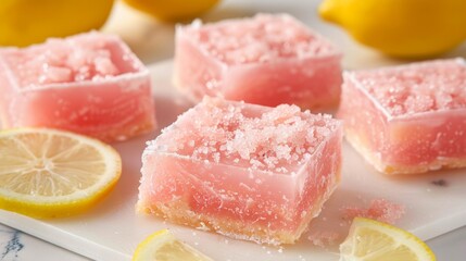 Fototapeta premium Lemon Glazed Pink Squares on a Plate. Pink Lemonade Bars
