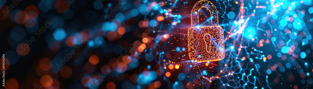 Poster digital security concept featuring a glowing padlock icon against a background of interconnected nod