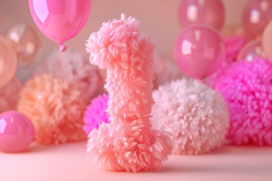 Pink, soft number 1 with balloons and party decoration. First Birthday greeting card. One year old. Baby girl.
