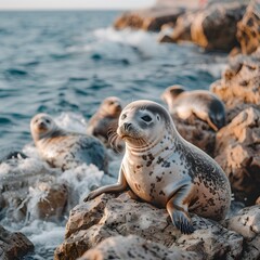 Fototapeta premium Serene Seals Resting on Rocky Coastal Shores Unbothered by Nearby Waves and Ocean