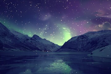 Witness the mesmerizing dance of green and purple aurora borealis illuminating the starry Norwegian night sky.