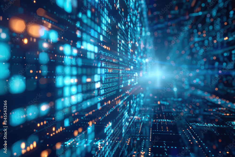 Poster abstract futuristic technology background featuring glowing blue and orange data particles, perfect 
