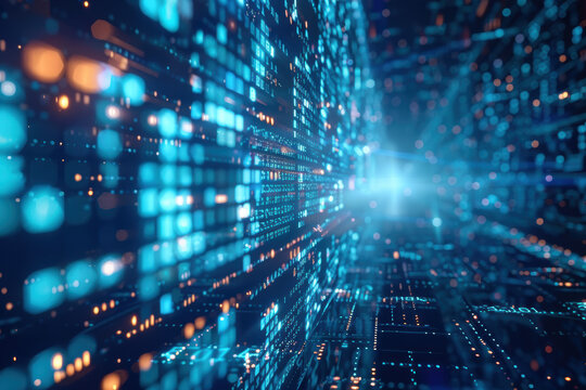 Abstract futuristic technology background featuring glowing blue and orange data particles, perfect for high-tech themes and digital innovation concepts.