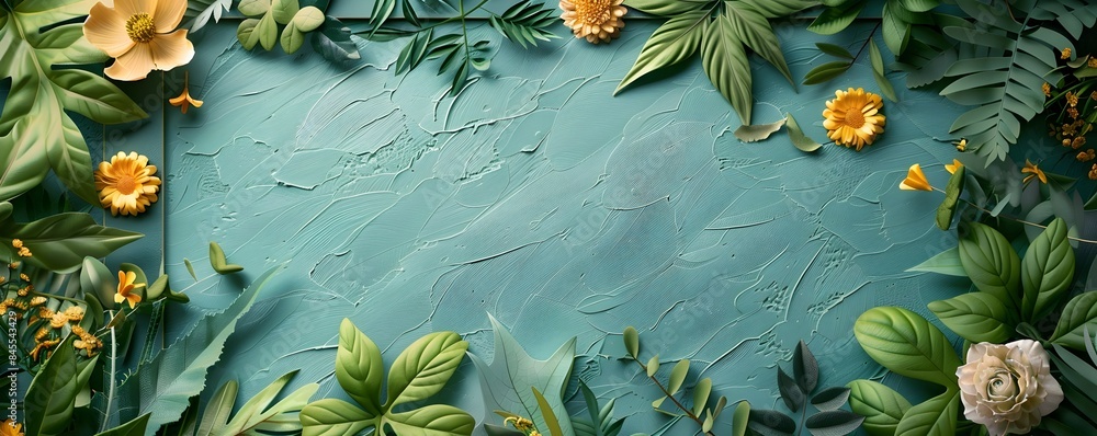Poster eco friendly textured and colorful recycled frame concept with botanical elements and copy space