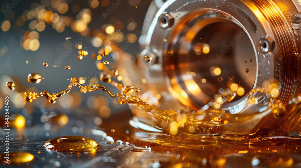 Poster close-up of machinery part with oil splashing. captivating and dynamic industrial shot with motion a