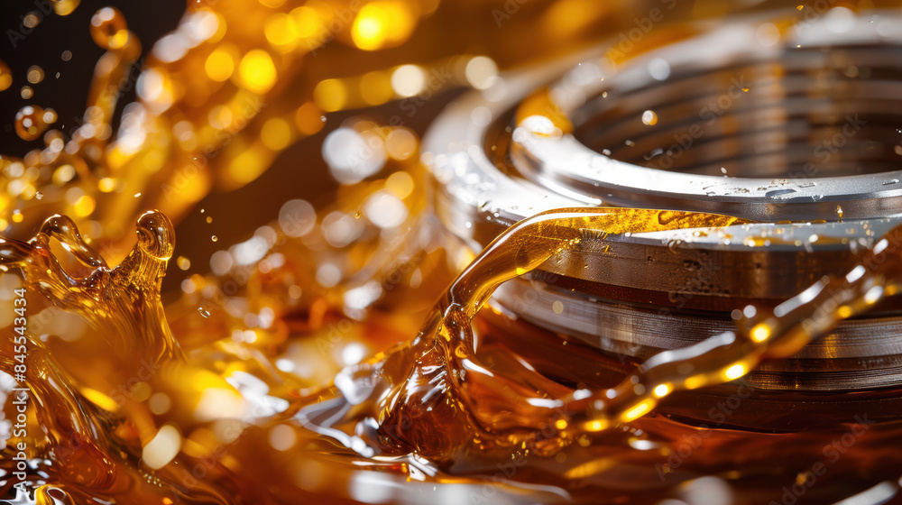 Poster close-up of a mechanical component in motion with dynamic, splashing oil showcasing industrial machi