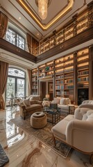 Fototapeta premium Lavish luxury estate with a sprawling underground level featuring a cinema, fitness center, and grand library filled with antique furnishings. Opulent high-end residence captured in a stunning 4K high