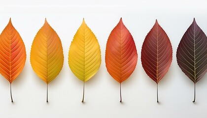 Fototapeta premium Autumn leaf set arranged in color palette in row, isolated on white, for autumn design and decoration. Realistic vector illustration