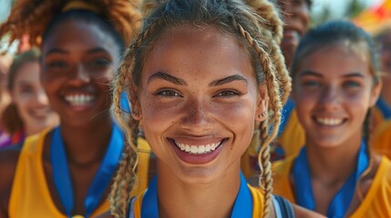 Fototapeta premium Happy Young Athletes Celebrating Victory with Medals