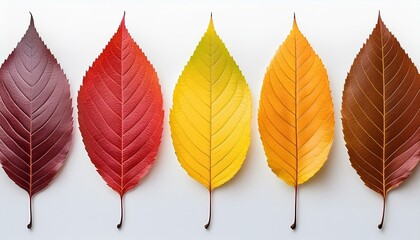 Fototapeta premium Autumn leaf set arranged in color palette in row, isolated on white, for autumn design and decoration. Realistic vector illustration