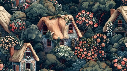 Cozy Storybook Inspired Cottages Nestled in Lush Vibrant Garden Landscape with Nostalgic European Aesthetic