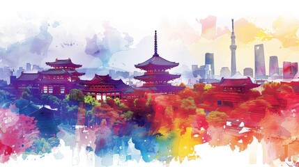 A colorful painting of a city with a large tower in the background. The painting is full of vibrant colors and has a dreamy, almost surreal feel to it. The cityscape is filled with buildings and trees
