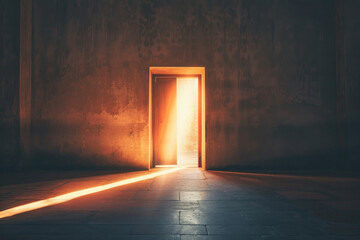 A simple door with a single beam of light shining through the gap at the bottom, symbolizing hope and guidance in a minimalist style
