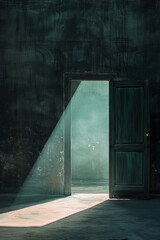 Obraz premium A simple door with a single beam of light shining through the gap at the bottom, symbolizing hope and guidance in a minimalist style