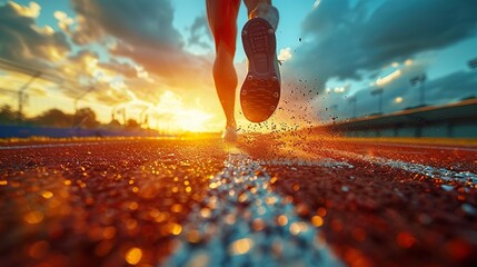 Runner Sprinting on Wet Track at Sunset