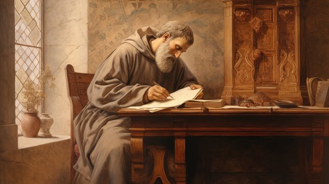 The painting of St. Augustine Writing 'Confessions' in Ancient Carthage with Divine Inspiration Symbols, Beige Background, Copyspace,Christian banner
