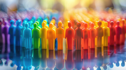 Colorful plastic figures representing diversity and inclusiveness. Brightly colored toy people standing in rows, symbolizing unity and community.