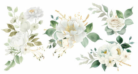 Watercolor White Flowers, set of floral illustration bouquet, white rose, peony, green and gold leaf branches collection