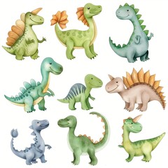 set of little cartoon watercolor dinosaurs on white, dinosaur drawing collection