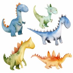 set of little cartoon watercolor dinosaurs on white, dinosaur drawing collection