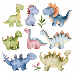 set of little cartoon watercolor dinosaurs on white, dinosaur drawing collection