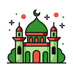 A simple, cartoon illustration of a mosque with a green dome, red accents, and a crescent moon on top. Generative AI
