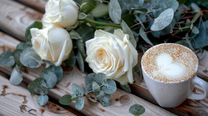 Bouquet of white roses with eucalyptus and cappuccino on a bench