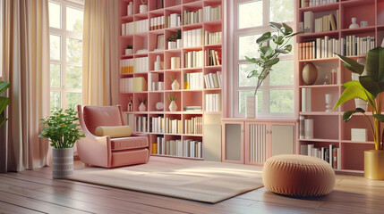 Mockup of pastel bookshelf in side view, full of books and decorations in pastel pink color tone. Built-in bookshelves in modern style, with window and natural light.