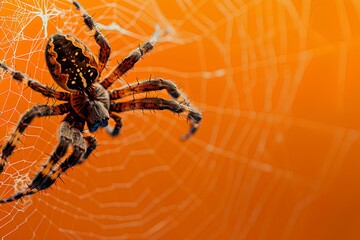 Black Spider on Web with Orange Background