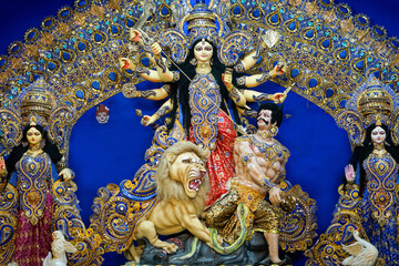 Devi maa Durga idol with her family in West Bengal, India. Hindu festival Navratri was celebrating....