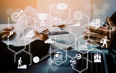 Achievement and Business Goal Success Concept - Creative business people with icon graphic...