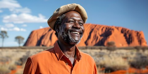 Man in his 30s wearing a beret smiles in front of Uluru, Australia. Concept Travel, Adventure, Fashion, Smiling Portrait, Outdoors - Powered by Adobe