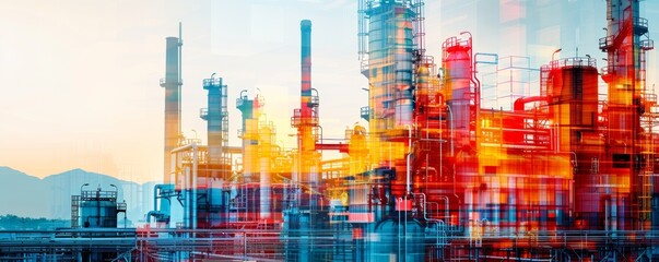 A city skyline with a large industrial area in the background. The sky is a mix of blue and orange, giving the image a warm and vibrant feel. The industrial area is filled with tall buildings