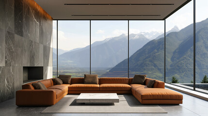 Modern Living Room with Panoramic Mountain Views. Generative AI	