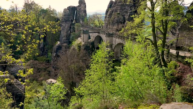 Beautiful Bastei Bridge in  Saxon Switzerland National Park on  banks of  Elbe River, Saxony, Germany.