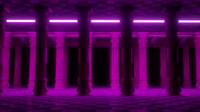 Architectural columns in neon lighting between a checkerboard floor and a checkerboard ceiling