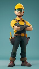 A cartoon construction worker stands confidently with arms crossed, wearing a yellow hardhat, safety glasses, and overalls. 