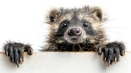 Naklejka premium Adorable Close Up of a Curious Young Raccoon Peering Over a White Surface with Wide Eyes and Outstretched Paws, Showcasing Its Delicate Whiskers and Playful Nature in a Whimsical Wildlife Encounter