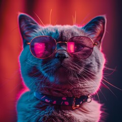 Naklejka premium A cat wearing sunglasses and a collar. The cat is looking at the camera with a serious expression. The image has a cool, futuristic vibe with the cat's sunglasses and the red background