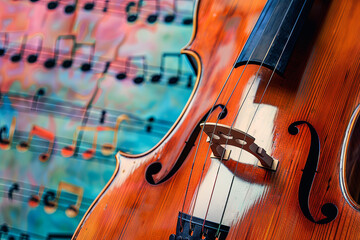 Cello instrument set against a background of colorful musical notes, representing the beauty and artistry of classical music